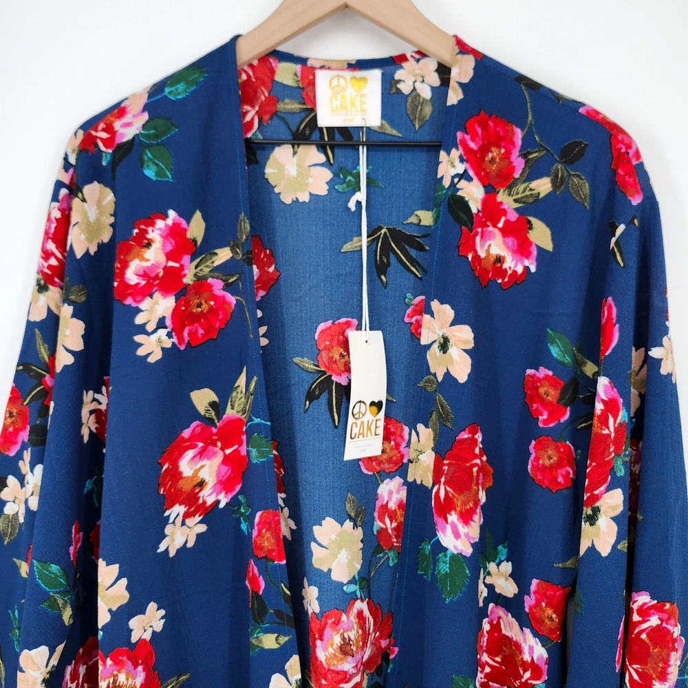 CAKE NWT Blue Floral Open Front Kimono Cardigan Size Small Boho Indie Vibrant - Picture 2 of 5